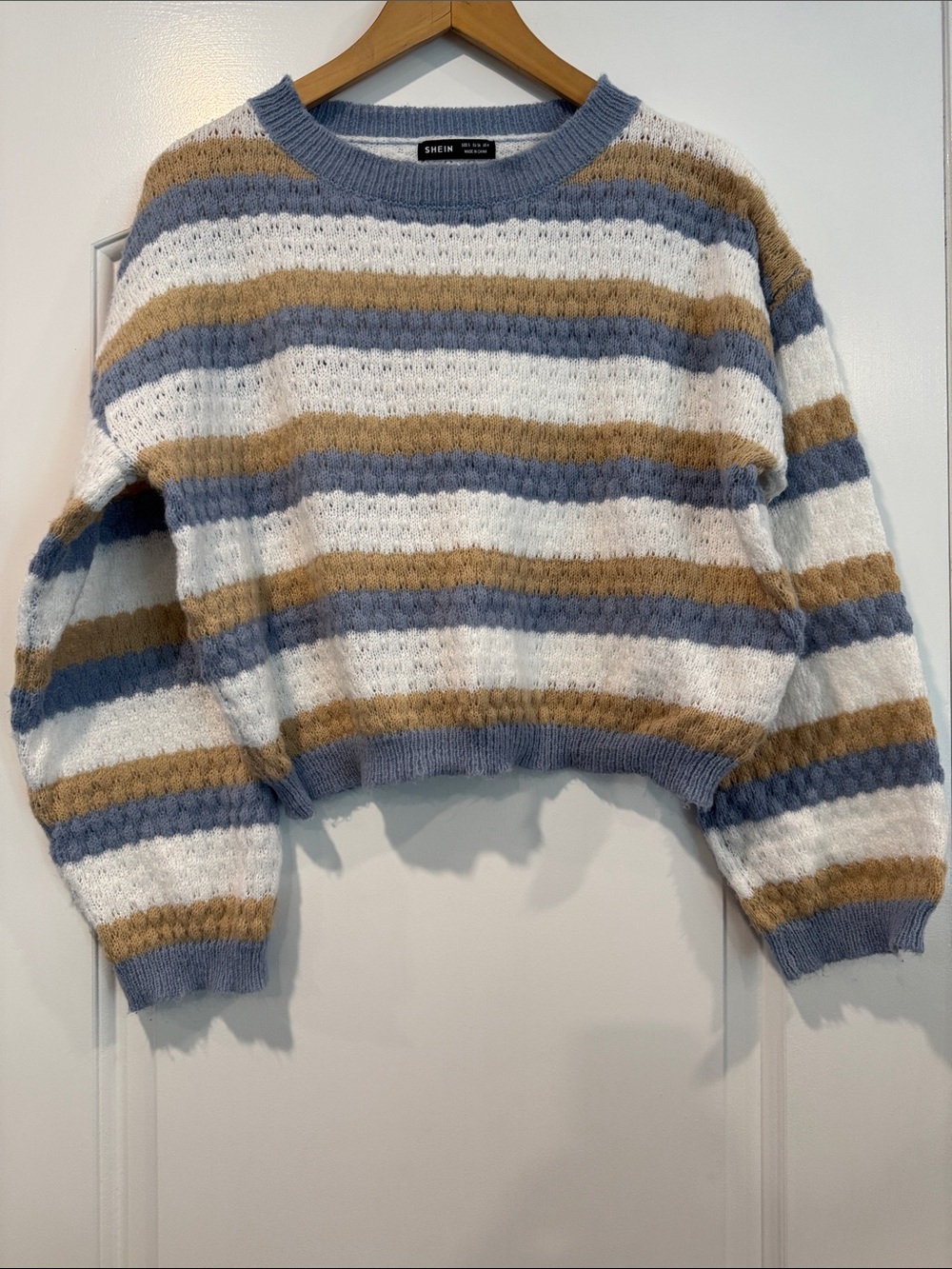 Blue, White & Tan Striped Cropped Crewneck Sweater Size 4